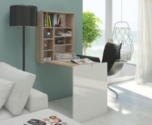 Półka-biurko Hilde mocowane do ściany - sonoma + biały połysk